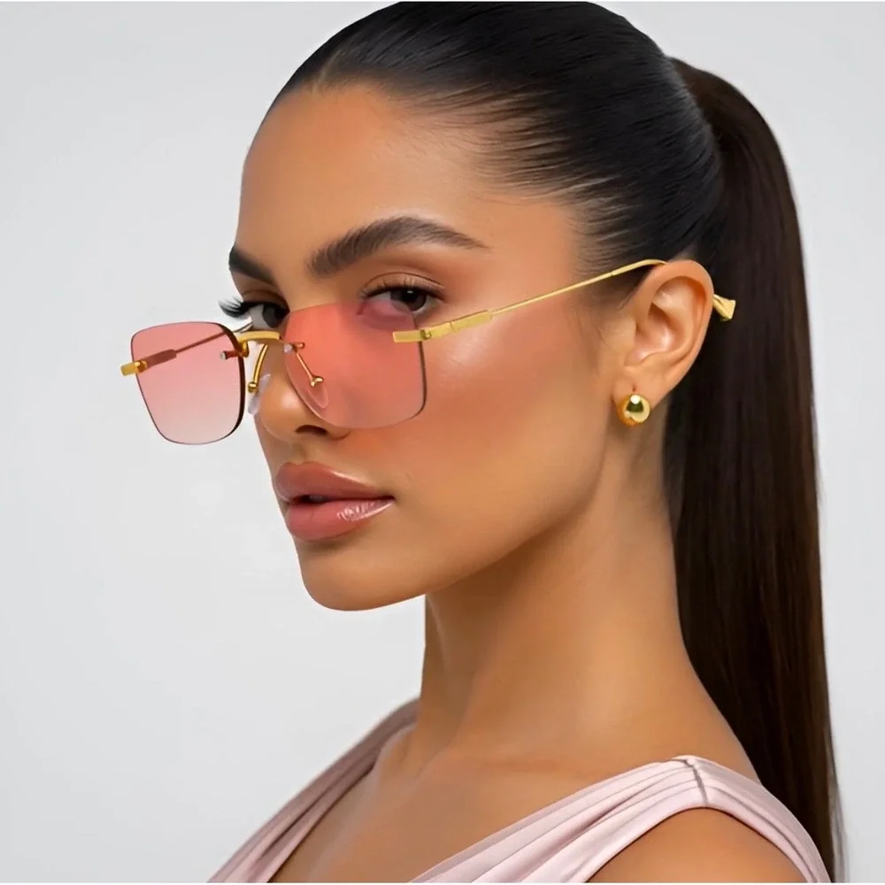 Pink Square Frameless Sunglasses‎ Gold Metal Frame Gradient Tinted Lens Hippie